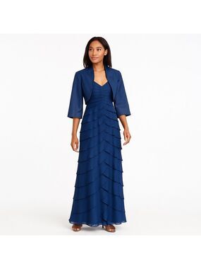 Adrianna Papell Mother Bride Groom Blue Tiered Chiffon Gown Bolero Wedding Guest